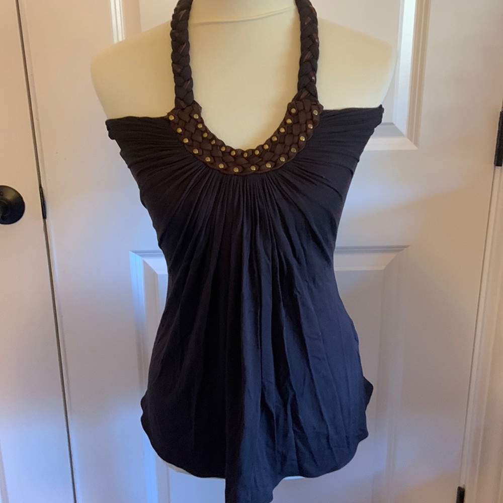 NWT Sky brand brown leather braided racerback top